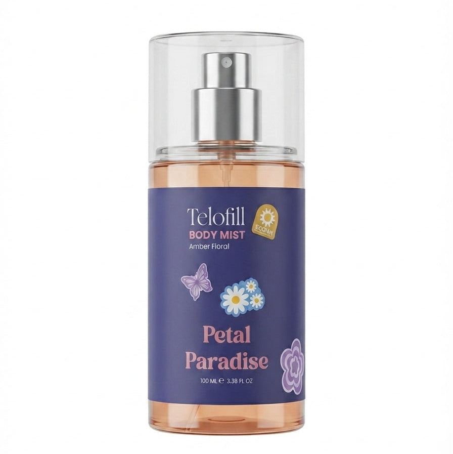 Telofill Petal Paradise Body Mist 100ml displayed clearly, highlighting the product packaging, name, size, and floral feminine fragrance.