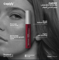 Capixy Lashes Serum with a woman's eye in the background, highlighting serum benefits.