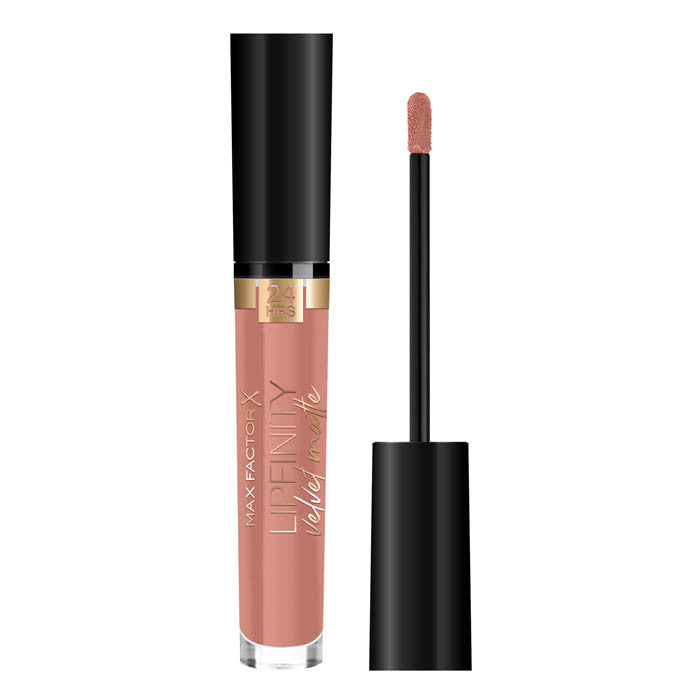 Max Factor Lipfinity Velvet Matte Lip Gloss in shade 040 Luxe Nude, a long-lasting liquid lipstick with a soft velvet matte finish in a warm nude tone, presented in a sleek transparent tube with a black cap.