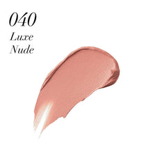 Max Factor Lipfinity Velvet Matte Lip Gloss in shade 040 Luxe Nude, a long-lasting liquid lipstick with a soft velvet matte finish in a warm nude tone, presented in a sleek transparent tube with a black cap.