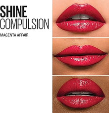 Maybelline Color Sensational Shine Lipstick in 100 Magenta Affair with a creamy formula, rich magenta color, and radiant glossy finish.