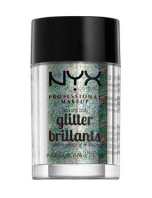 NYX Professional Makeup Face And Body Glitter Brilliants in 06 Crystal featuring loose cosmetic glitter in a compact jar for eye, face, and body makeup looks.