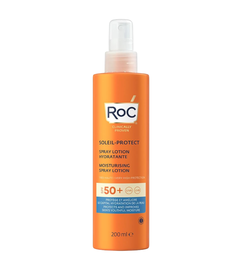 Orange ROC sunscreen spray bottle on a white background