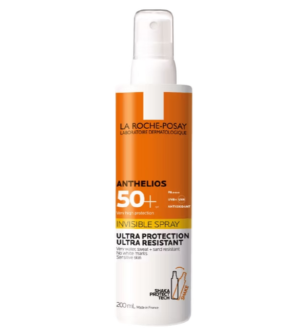 La Roche-Posay Anthelios sunscreen spray bottle on a white background