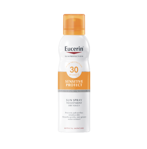 Eucerin Sun Protection spray bottle on a white background