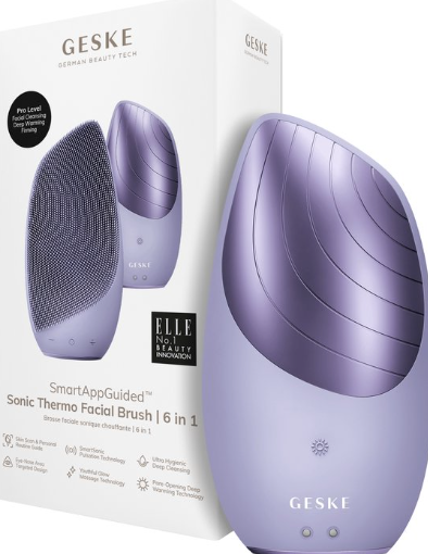GESKE SmartAppGuided Sonic Thermo Facial Brush 6 in 1 Skin Cleansing Brush with Heat Function Face Massager Electric Face Brush Facial Cleansing Device Purple