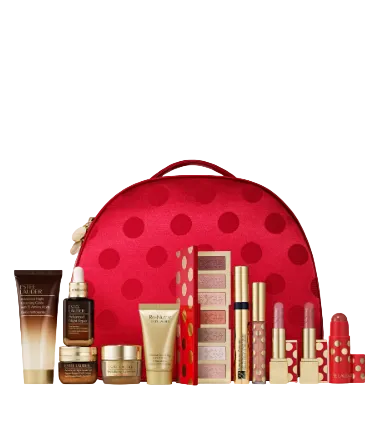 Cosmetic set with a red polka dot bag on a light gray background