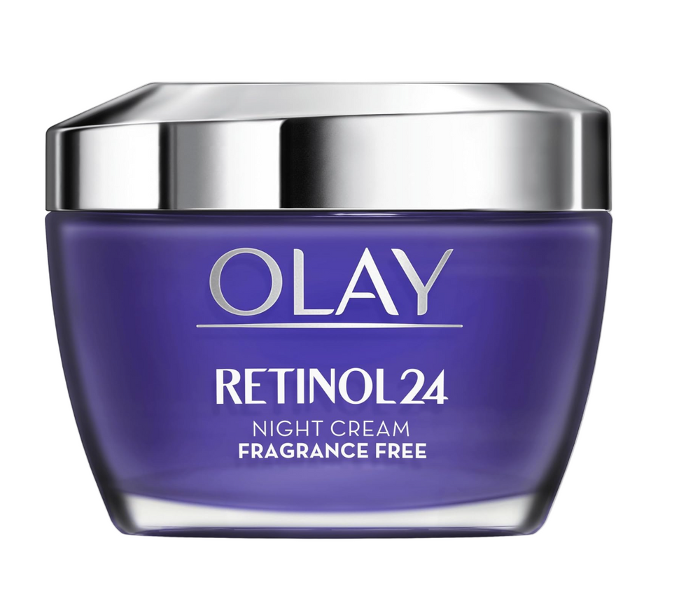 Olay Retinol24 night cream jar with purple container and silver lid on a white background