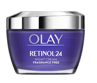Olay Retinol24 night cream jar with purple container and silver lid on a white background