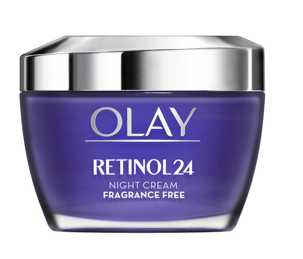 Olay Retinol24 night cream jar with purple container and silver lid on a white background