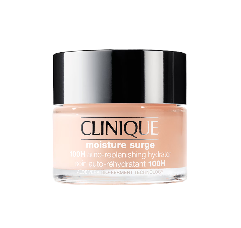 Clinique moisture surge hydrator jar on a light gray background