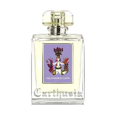 Perfume bottle with decorative label on a white background