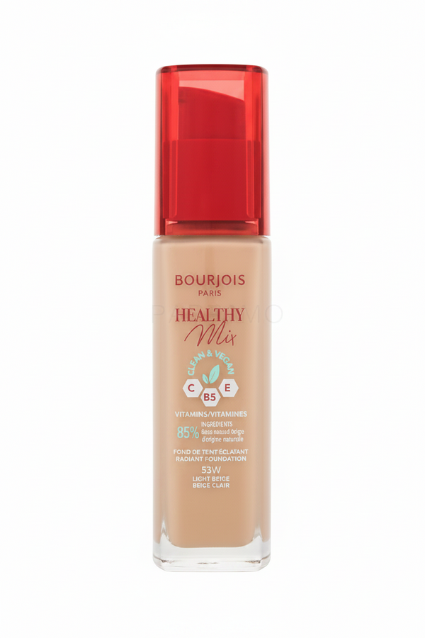 Bourjois Healthy Mix Clean Foundation in shade 53W Light Beige with a natural radiant finish and lightweight coverage.