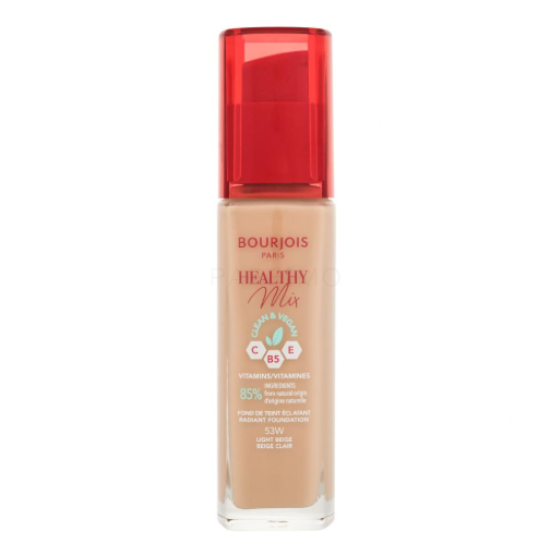 Bourjois Healthy Mix Clean Foundation in shade 53W Light Beige with a natural radiant finish and lightweight coverage.