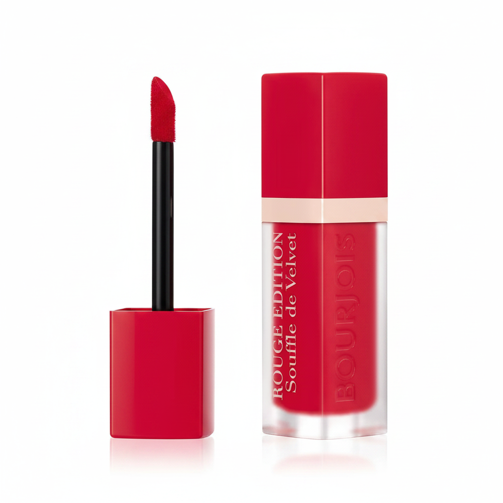 Bourjois Lipstick in shade 06 Cherry Leaders displayed in its lipstick bullet, featuring a creamy formula with rich cherry color and a smooth finish.