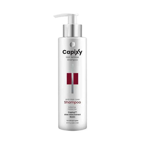 Capixy Hair Fertilizer Shampoo 250ml Nourishing Hair Growth Shampoo displayed in its bottle, featuring a nourishing shampoo formulated to cleanse the hair and scalp.
