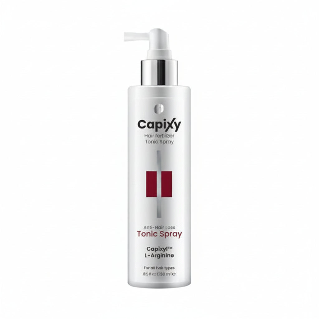 Capixy Hair Fertilizer Tonic Spray 250ml displayed clearly, highlighting the product packaging, name, size, and hair growth care purpose.