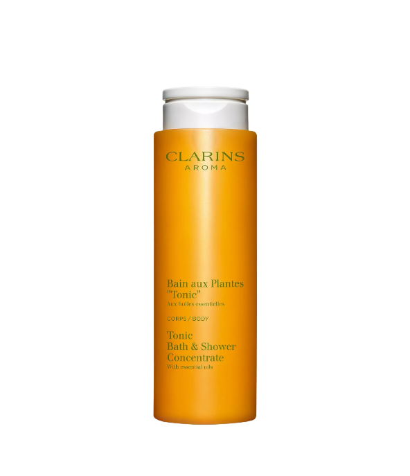 Clarins Tonic Bath & Shower Concentrate bottle on a white background