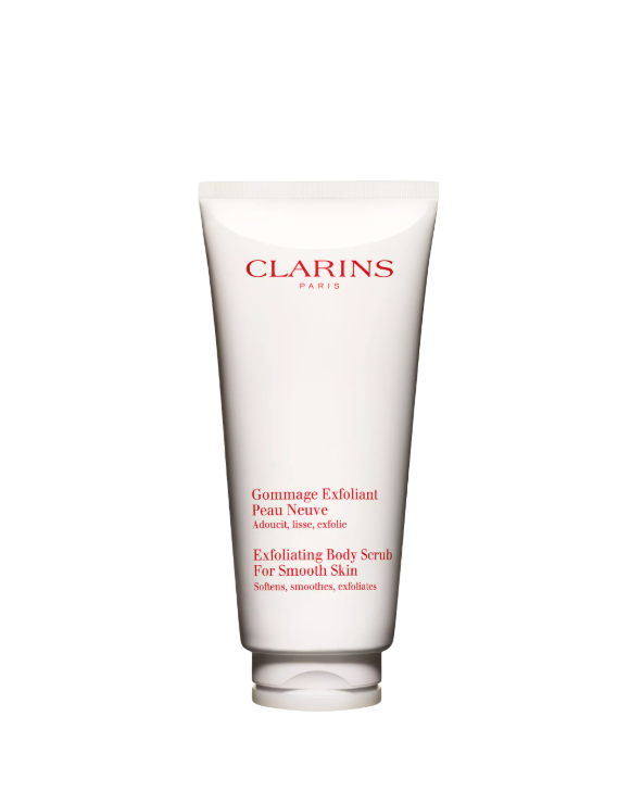 Clarins exfoliating body scrub on a light gray background