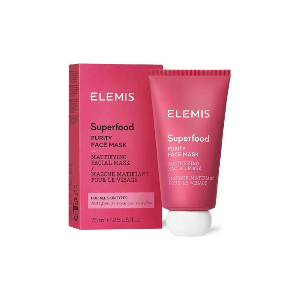 Elemis Superfood Purity Face Mask 75ml displayed in its tube packaging, featuring a creamy face mask formulated to help cleanse and refresh the skin.