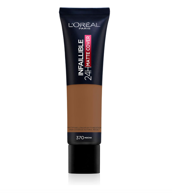 L'Oréal Infallible 24Hr Matte Cover Foundation in shade 370 Mocha with full coverage and a long-lasting matte finish.