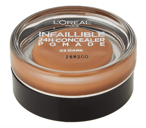 L'Oréal Infallible Concealer Pomade in shade 03 Dark with full, buildable coverage and a smooth matte finish.