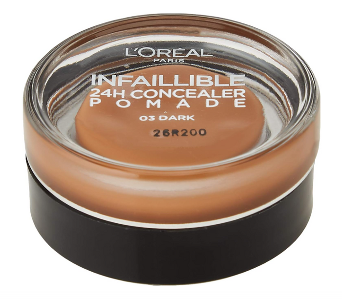 L'Oréal Infallible Concealer Pomade in shade 03 Dark with full, buildable coverage and a smooth matte finish.