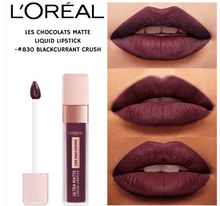 L'Oréal Les Macarons Ultra Matte Liquid Lipstick 830 Blackcurrant Crush featuring a lightweight formula with long-lasting matte color.
