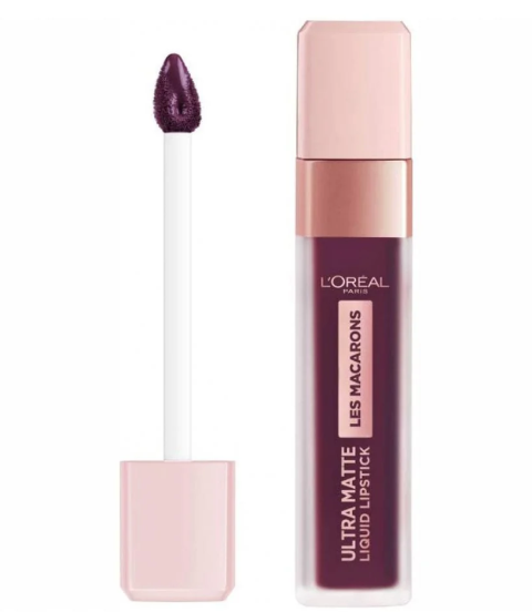 L'Oréal Les Macarons Ultra Matte Liquid Lipstick in shade 830 Blackcurrant Crush with rich berry color and an ultra matte finish.