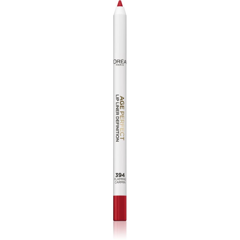 L'Oréal Paris Age Perfect Anti-Feathering Lip Liner in shade 394 Flaming Carmin displayed as a lip pencil, featuring a creamy formula designed for precise lip definition.