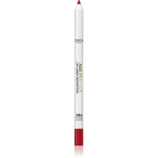 L'Oréal Paris Age Perfect Anti-Feathering Lip Liner in shade 394 Flaming Carmin displayed as a lip pencil, featuring a creamy formula designed for precise lip definition.
