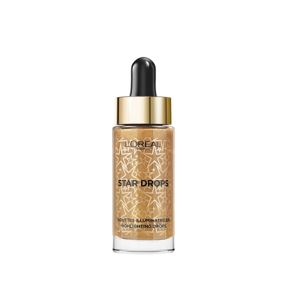 L'Oréal Paris Glitter Fever Highlighting Drops in Warm Gold with a lightweight liquid formula and a radiant shimmering finish.