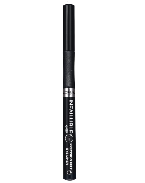 L'Oréal Paris Infaillible Grip 24H Precision Felt Eyeliner in shade 01 Black displayed in its eyeliner pen, featuring a precision felt tip for controlled and defined application.