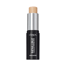 L'Oréal Paris Infaillible Longwear Shaping Highlighter Stick shade 502 Gold Is Cold delivering a smooth, blendable glow with a lightweight cream formula.