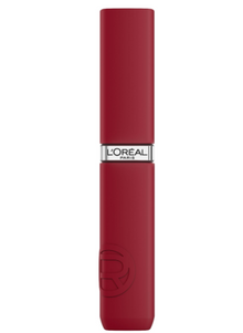 L'Oréal Paris Infaillible Matte Resistance Lipstick in shade 420 Le Rouge Paris shown with its applicator, highlighting the smooth liquid formula for precise and even lip application.
