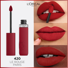 Swatch of L'Oréal Paris Infaillible Matte Resistance Lipstick in shade 420 Le Rouge Paris showcasing its classic red color, smooth texture, and rich matte color payoff.