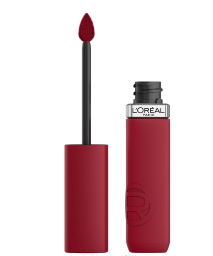 L'Oréal Paris Infaillible Matte Resistance Lipstick in shade 420 Le Rouge Paris displayed in its tube, featuring a richly pigmented liquid lipstick with a matte finish.