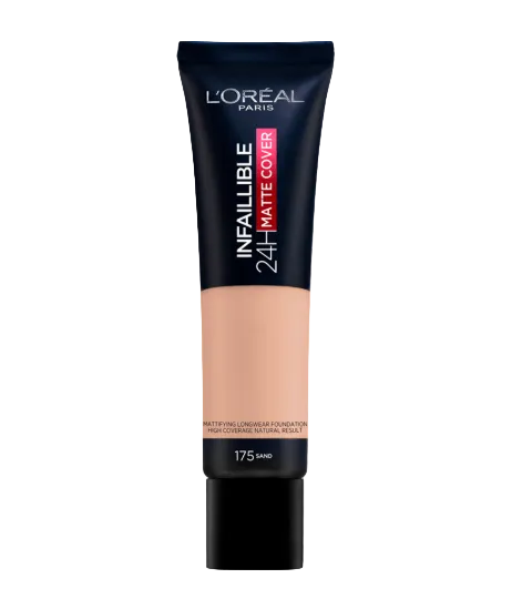 L'Oréal Paris Infallible 24H Matte Cover Foundation in shade 175 Sand displayed in its tube, featuring a long-lasting foundation formula with full coverage and a matte finish.