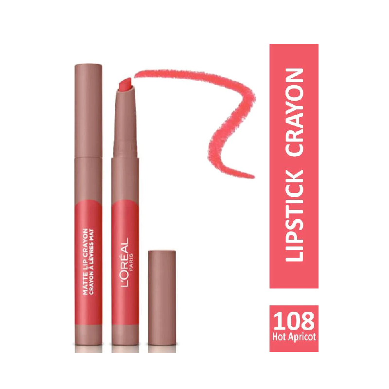L'Oréal Paris Infallible Lip Crayon in shade 108 Hot Apricot with rich apricot color and a smooth matte finish.