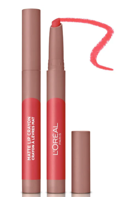 L'Oréal Paris Infallible Matte Lip Crayon in shade 108 Hot Apricot applied on lips, highlighting its bold apricot color, creamy matte finish, and even coverage.