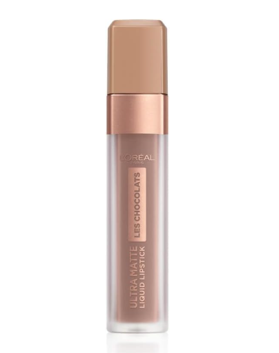 L'Oréal Paris Les Chocolats Ultra Matte Liquid Lipstick in shade 848 Dose of Cocoa displayed in its sleek tube, featuring a lightweight liquid lipstick with a rich matte finish.
