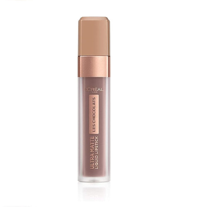 L'Oréal Paris Les Chocolats Ultra Matte Liquid Lipstick in shade 858 Oh My Choc displayed in its tube, featuring a liquid lipstick with an ultra-matte finish and rich color payoff.