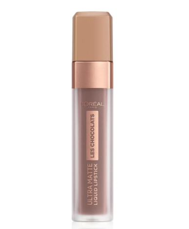 L'Oréal Paris Les Chocolats Ultra Matte Liquid Lipstick in shade 858 Oh My Choc displayed in its sleek tube, featuring a lightweight liquid lipstick with a rich ultra-matte finish.