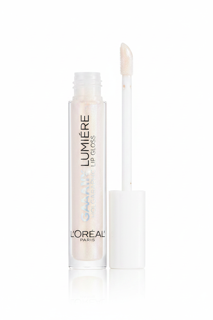 L'Oréal Paris Lumière Galaxy Holographic Lip Gloss in shade 01 Opal Light displayed in its tube, featuring a multidimensional holographic gloss with a luminous finish.