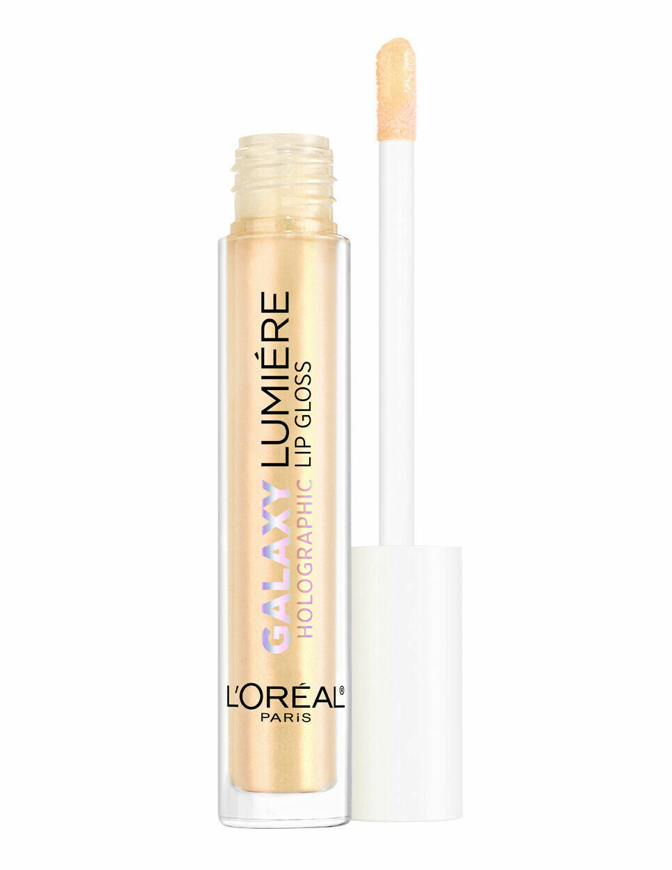 L'Oréal Paris Lumiere Lip Gloss Galaxy Holographic in shade 03 Ethereal Gold with a holographic formula and a multidimensional high-shine finish.