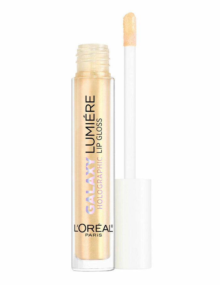 L'Oréal Paris Lumiere Lip Gloss Galaxy Holographic in shade 03 Ethereal Gold with a holographic formula and a multidimensional high-shine finish.