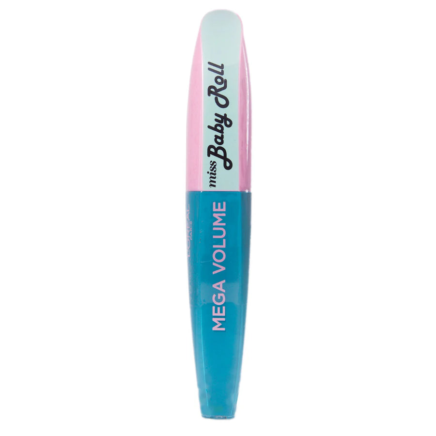 L'Oréal Paris Mega Volume Miss Baby Roll Mascara in shade Teal Blue displayed in its tube, featuring a volumizing mascara with a vibrant teal blue color.