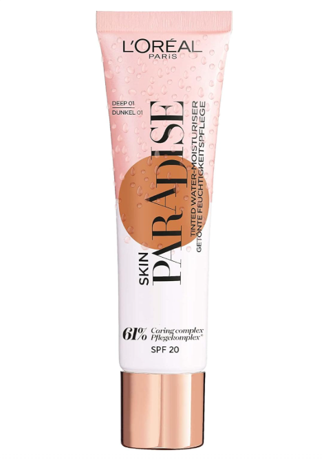 L'Oréal Paris Skin Paradise Tinted Moisturiser in shade 01 Deep displayed in its tube, featuring a lightweight tinted formula with a natural, radiant-looking finish.