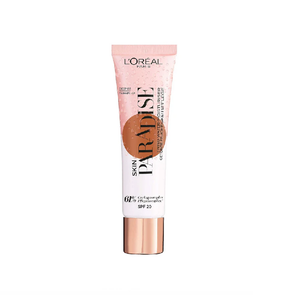L'Oréal Paris Skin Paradise Tinted Moisturiser in shade 02 Deep displayed in its tube, featuring a lightweight tinted formula with a natural, radiant-looking finish.