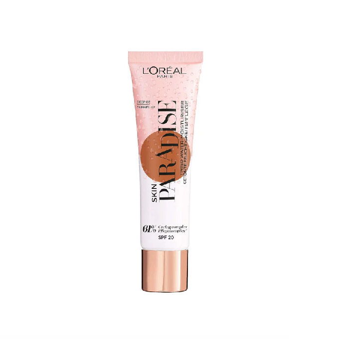 L'Oréal Paris Skin Paradise Tinted Moisturiser in shade 02 Deep displayed in its tube, featuring a lightweight tinted formula with a natural, radiant-looking finish.